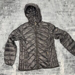 Nicole Miller New York Womens Black Down Puffer Jacket Hooded Chevron Quilted L